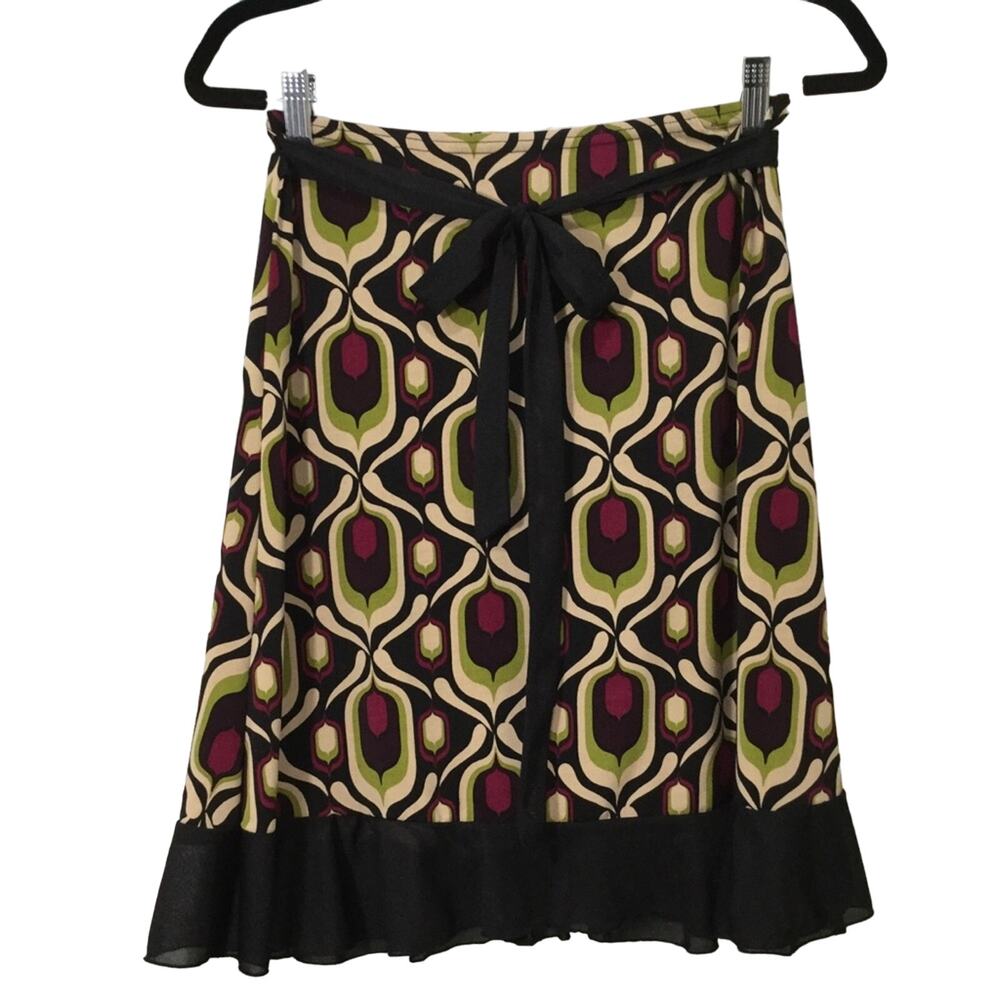 Paper Doll Retro Boho Psychedelic Geometric Pattern Ruffled Hem Belted Skirt Sm